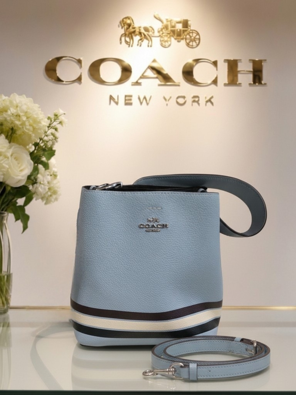 Coach Waterfall Blue Colorblock Stripe Small Town Bucket Bag - Like New